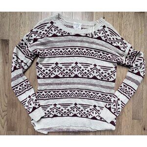 Hippie Rose Womens Pullover Sweater Beige Maroon Geometric Hi Lo Long Sleeve L